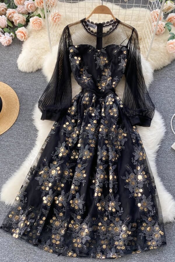 Black Tulle Sequins A-Line Dress