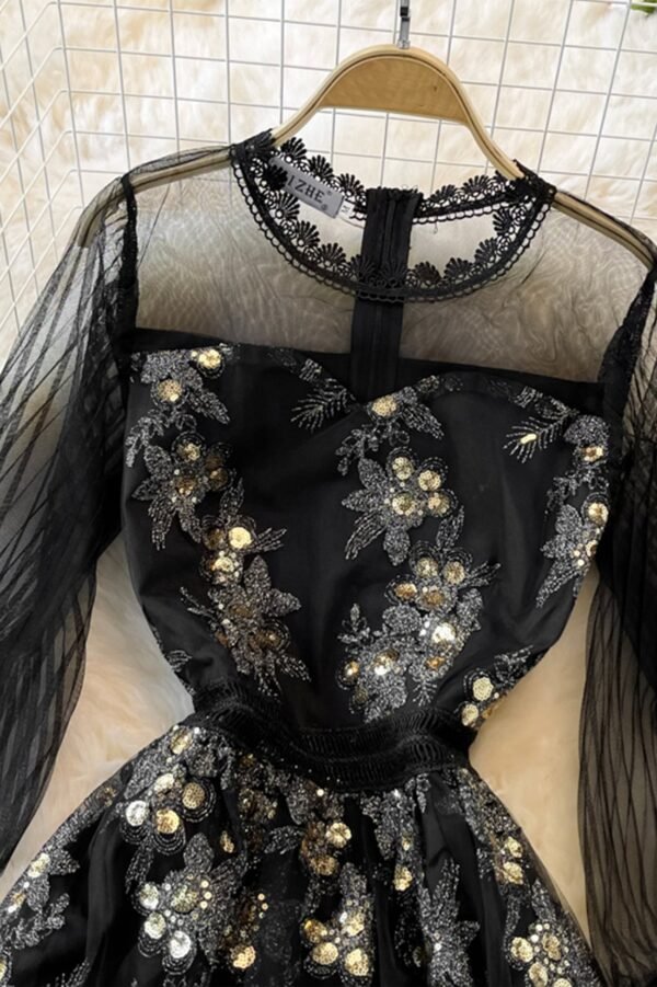 Black Tulle Sequins A-Line Dress - Image 2
