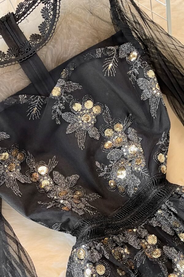 Black Tulle Sequins A-Line Dress - Image 3