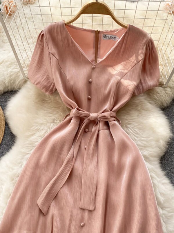 Pink V-Neck Short Sleeve Dress, Fashion Dress - Image 2