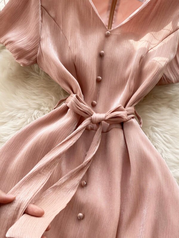 Pink V-Neck Short Sleeve Dress, Fashion Dress - Image 3