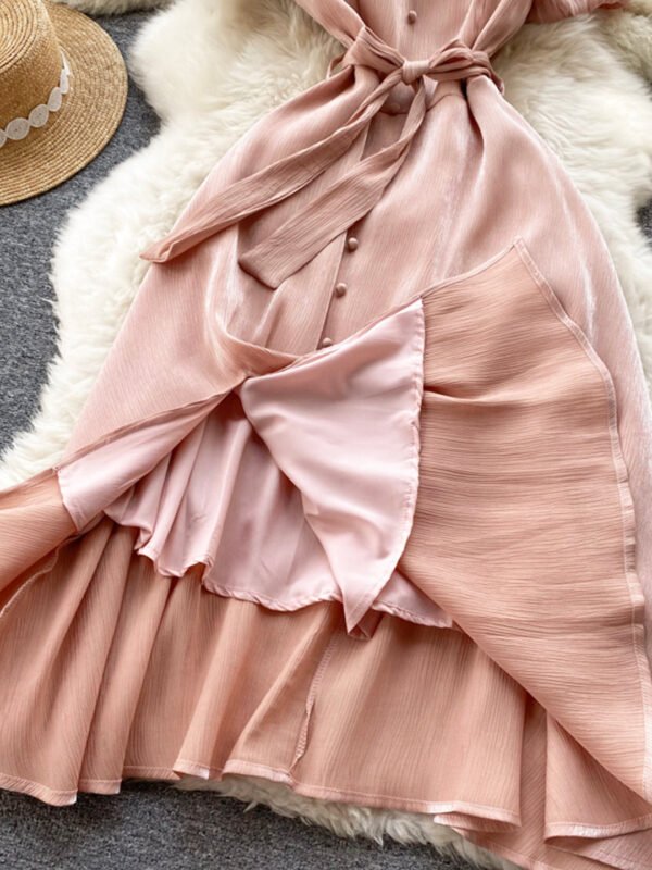 Pink V-Neck Short Sleeve Dress, Fashion Dress - Image 4