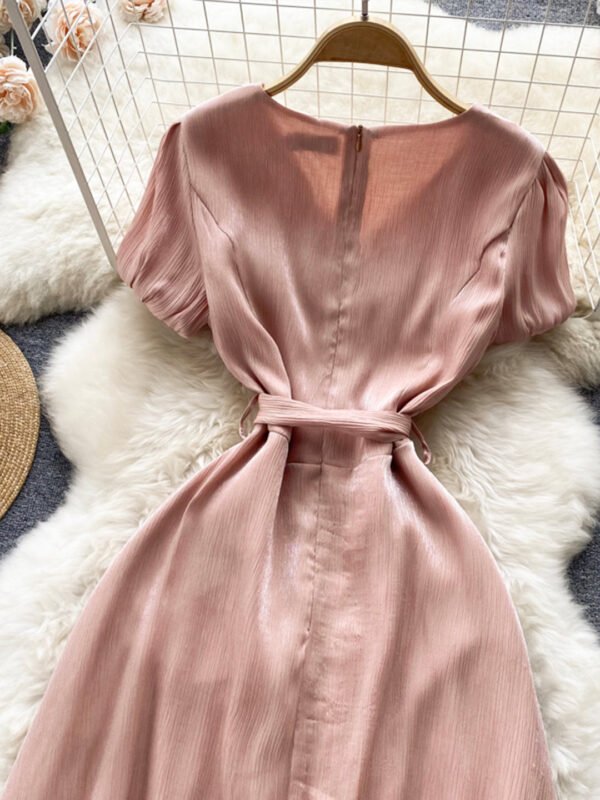Pink V-Neck Short Sleeve Dress, Fashion Dress - Image 5