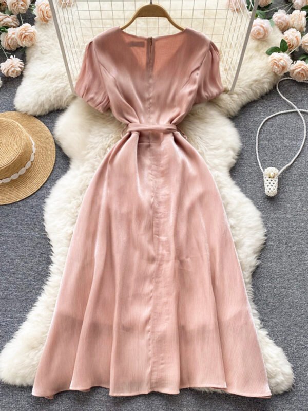 Pink V-Neck Short Sleeve Dress, Fashion Dress - Image 6